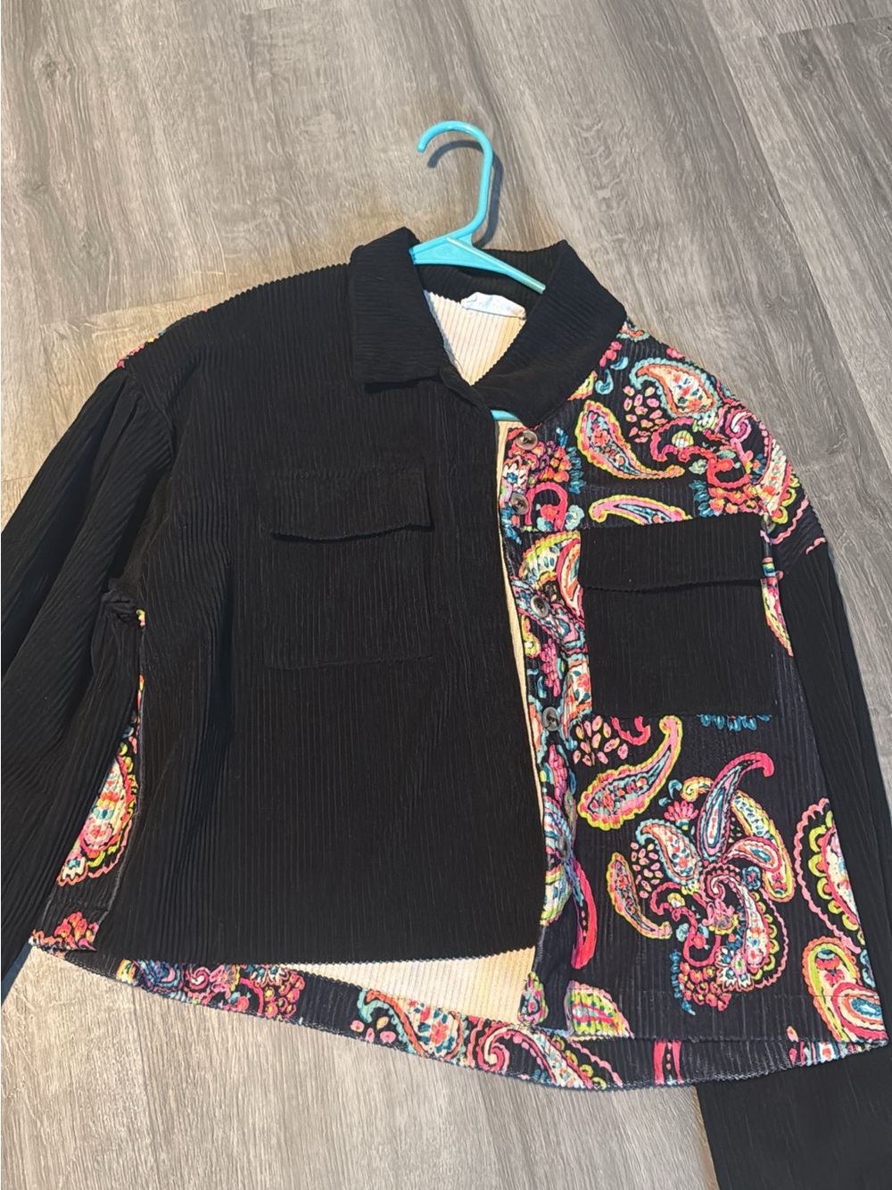 Black Corduroy Jacket with Multicolor Paisley Panels